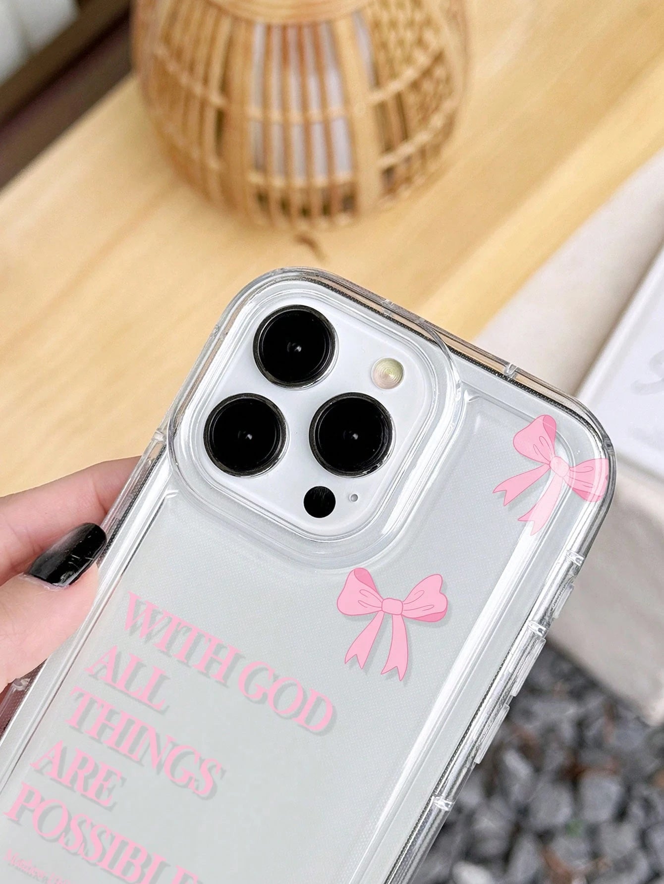 Minimalist Luxury Pink Black Slogan Element Girly Bow With God All Things Are Possible Slogan Cat Eye Fashion Phone Premium Case 1pc Full Coverage Soft Case Compatible With IPhone 11/12/13/14/15/16 Pr