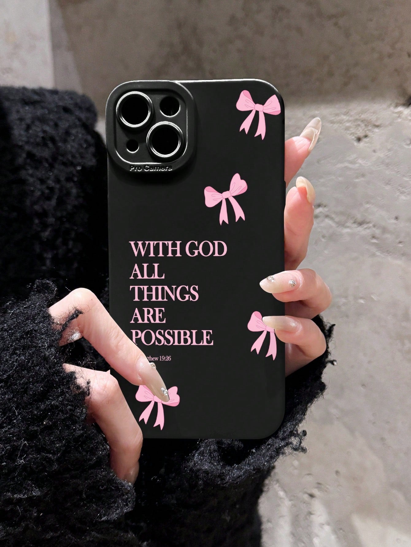 Minimalist Luxury Pink Black Slogan Element Girly Bow With God All Things Are Possible Slogan Cat Eye Fashion Phone Premium Case 1pc Full Coverage Soft Case Compatible With IPhone 11/12/13/14/15/16 Pr