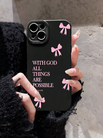 Minimalist Luxury Pink Black Slogan Element Girly Bow With God All Things Are Possible Slogan Cat Eye Fashion Phone Premium Case 1pc Full Coverage Soft Case Compatible With IPhone 11/12/13/14/15/16 Pr