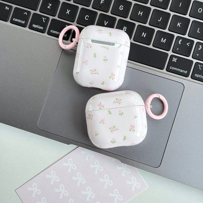 Minimalist White Pink Floral Flower Design Glossy Shockproof Protective Bluetooth Earphone Case Compatible With IPhone 1 2 3 4 Pro Spring Gift Birthday