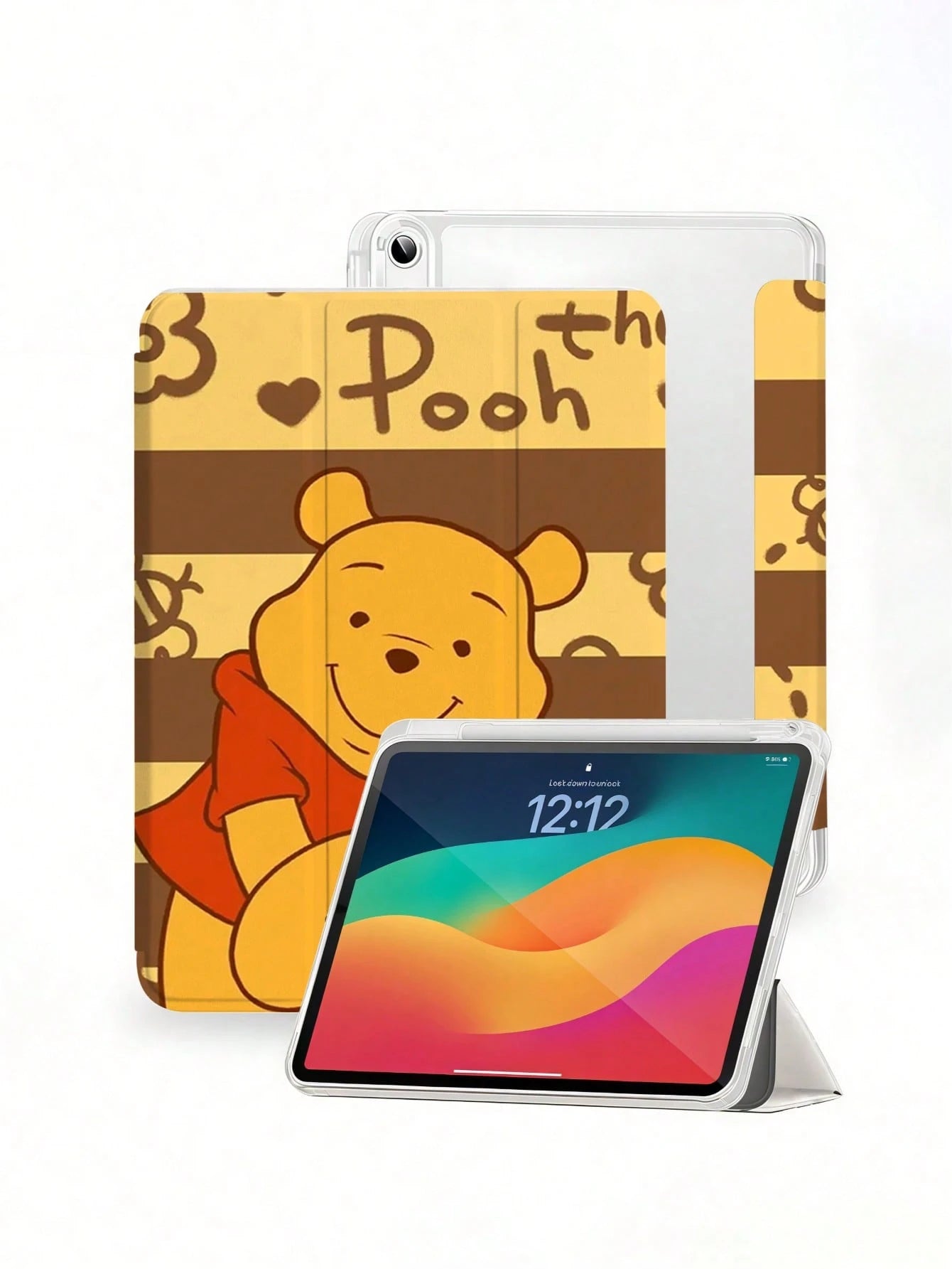 Miniso This Adorable Winnie The Pooh Pattern Tri-Fold Flip IPad Case Features A Transparent Bottom Shell, A Pen Slot For Upright Operation, And Is Compatible With IPad Cases (10th Generation, A16, Air
