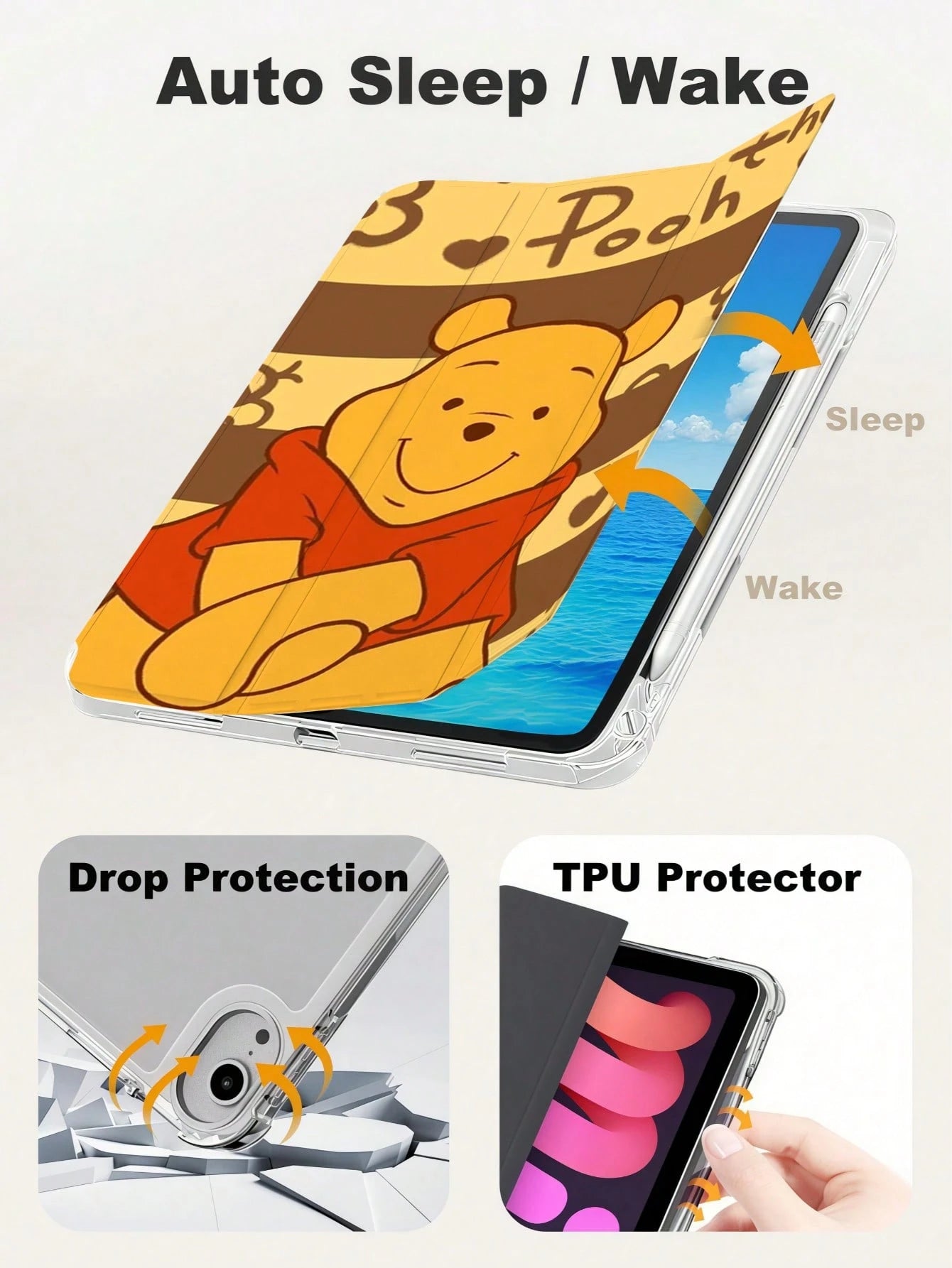 Miniso This Adorable Winnie The Pooh Pattern Tri-Fold Flip IPad Case Features A Transparent Bottom Shell, A Pen Slot For Upright Operation, And Is Compatible With IPad Cases (10th Generation, A16, Air