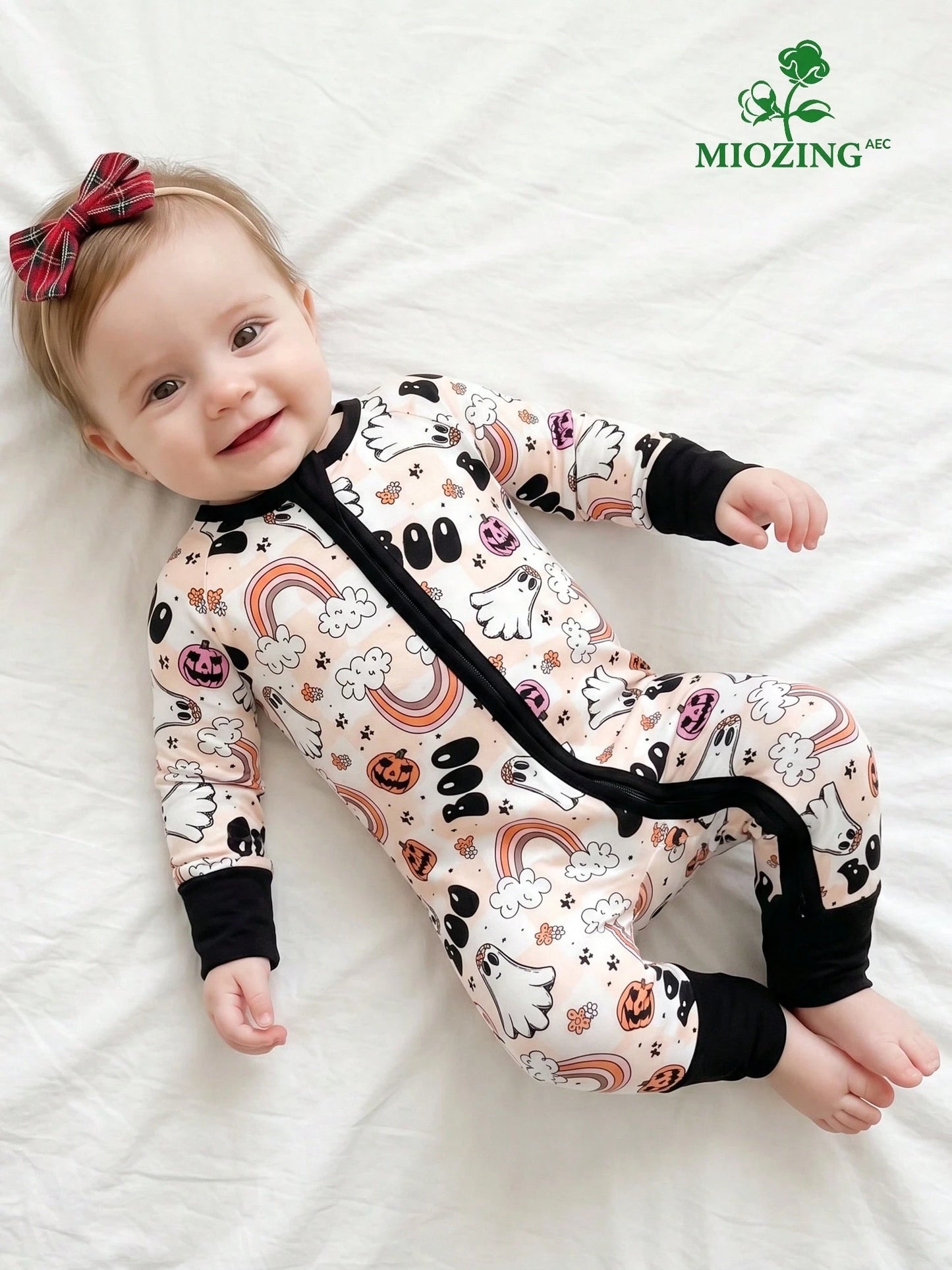 MIOZING Two-Way Zip Long Sleeve Baby Romper, Cute Ghost Rainbow Halloween Print Bamboo Jumpsuit, Soft Fabric Daily Outfit, Baby Girl Clothes