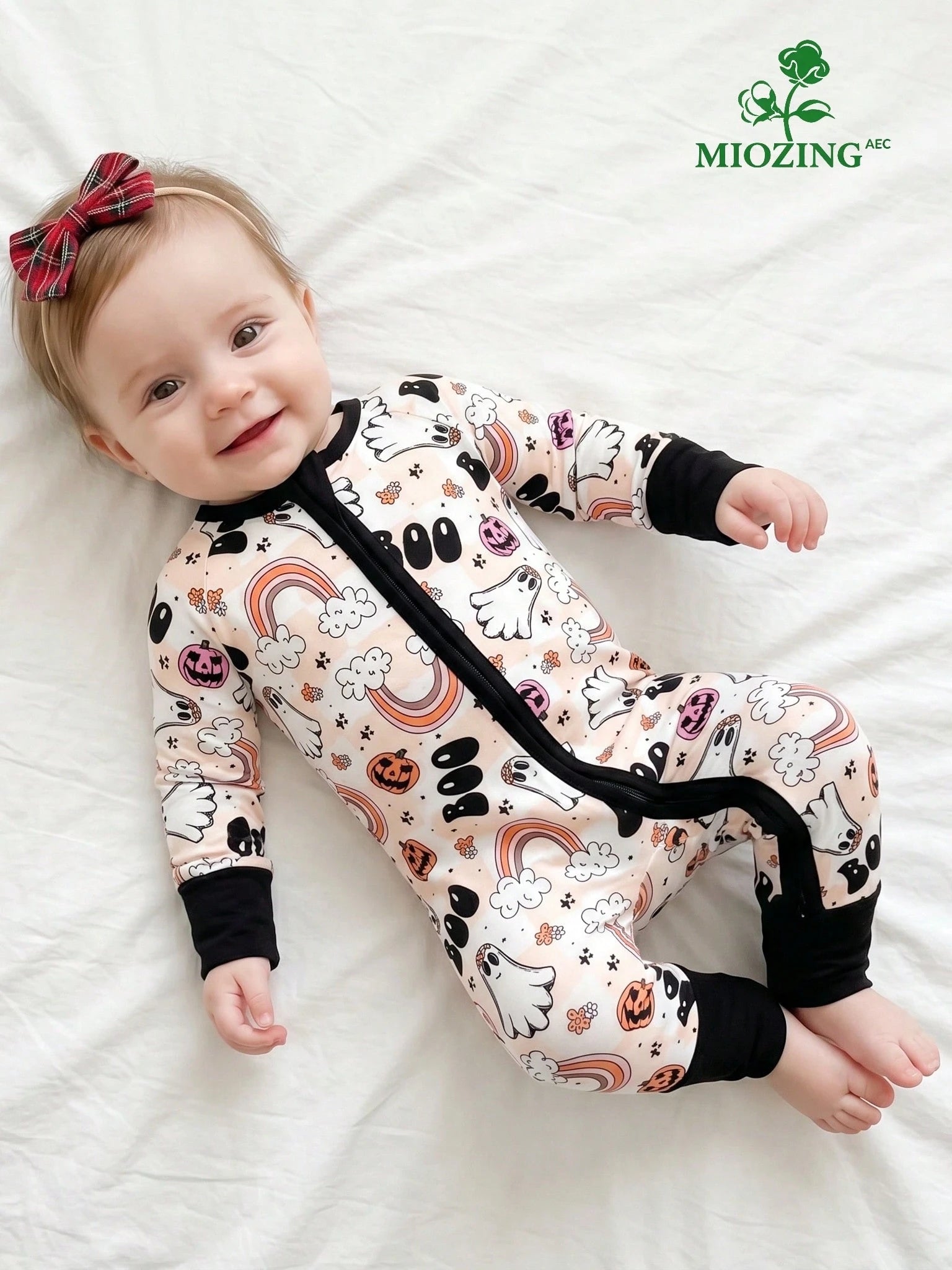 MIOZING Two-Way Zip Long Sleeve Baby Romper, Cute Ghost Rainbow Halloween Print Bamboo Jumpsuit, Soft Fabric Daily Outfit, Baby Girl Clothes
