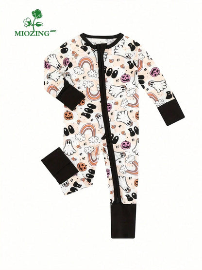 MIOZING Two-Way Zip Long Sleeve Baby Romper, Cute Ghost Rainbow Halloween Print Bamboo Jumpsuit, Soft Fabric Daily Outfit, Baby Girl Clothes