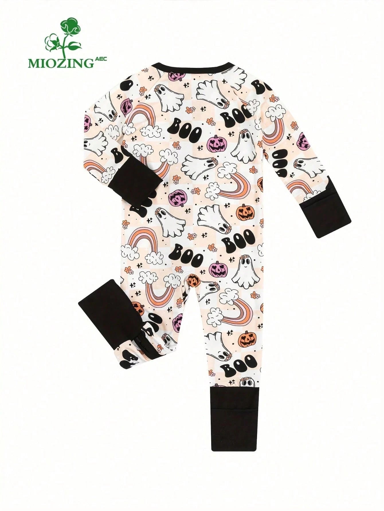MIOZING Two-Way Zip Long Sleeve Baby Romper, Cute Ghost Rainbow Halloween Print Bamboo Jumpsuit, Soft Fabric Daily Outfit, Baby Girl Clothes