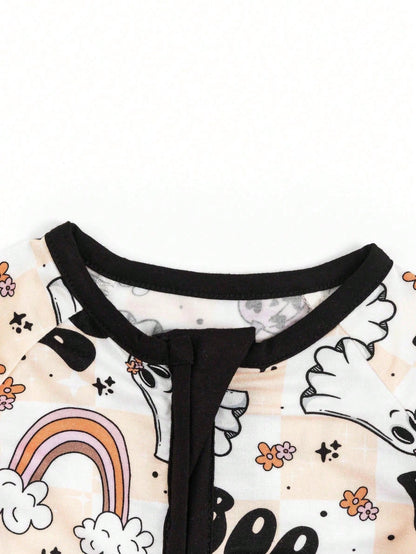 MIOZING Two-Way Zip Long Sleeve Baby Romper, Cute Ghost Rainbow Halloween Print Bamboo Jumpsuit, Soft Fabric Daily Outfit, Baby Girl Clothes
