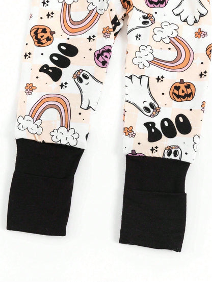 MIOZING Two-Way Zip Long Sleeve Baby Romper, Cute Ghost Rainbow Halloween Print Bamboo Jumpsuit, Soft Fabric Daily Outfit, Baby Girl Clothes