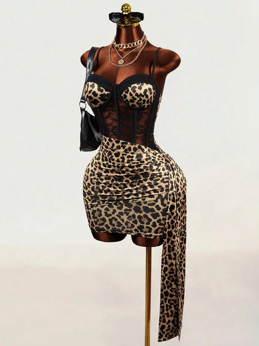 Mistrie Women's Leopard Print Sexy Spaghetti Strap Dress Night Out Black Summer