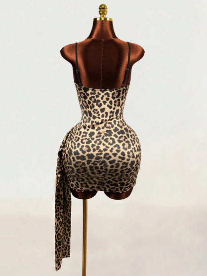 Mistrie Women's Leopard Print Sexy Spaghetti Strap Dress Night Out Black Summer