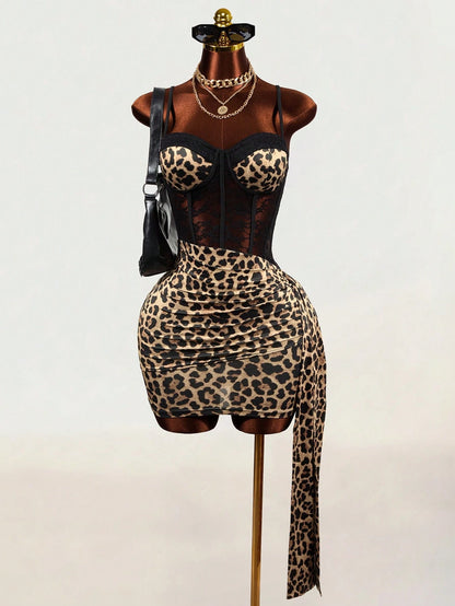 Mistrie Women's Leopard Print Sexy Spaghetti Strap Dress Night Out Black Summer