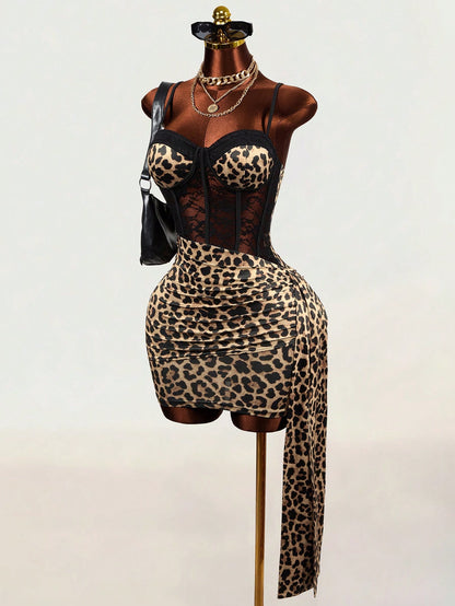 Mistrie Women's Leopard Print Sexy Spaghetti Strap Dress Night Out Black Summer