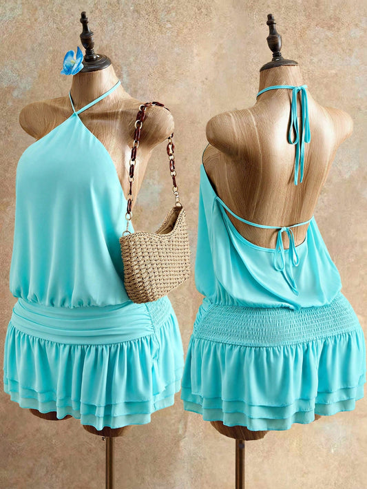 Mistrie Women's Solid Halter Tie Ruched Mini Dress,Teal Blue Summer Casual Beach Holiday Vacation Fashionable Resort Wear Ruffle Skirt Tankini Swimsuit Dress