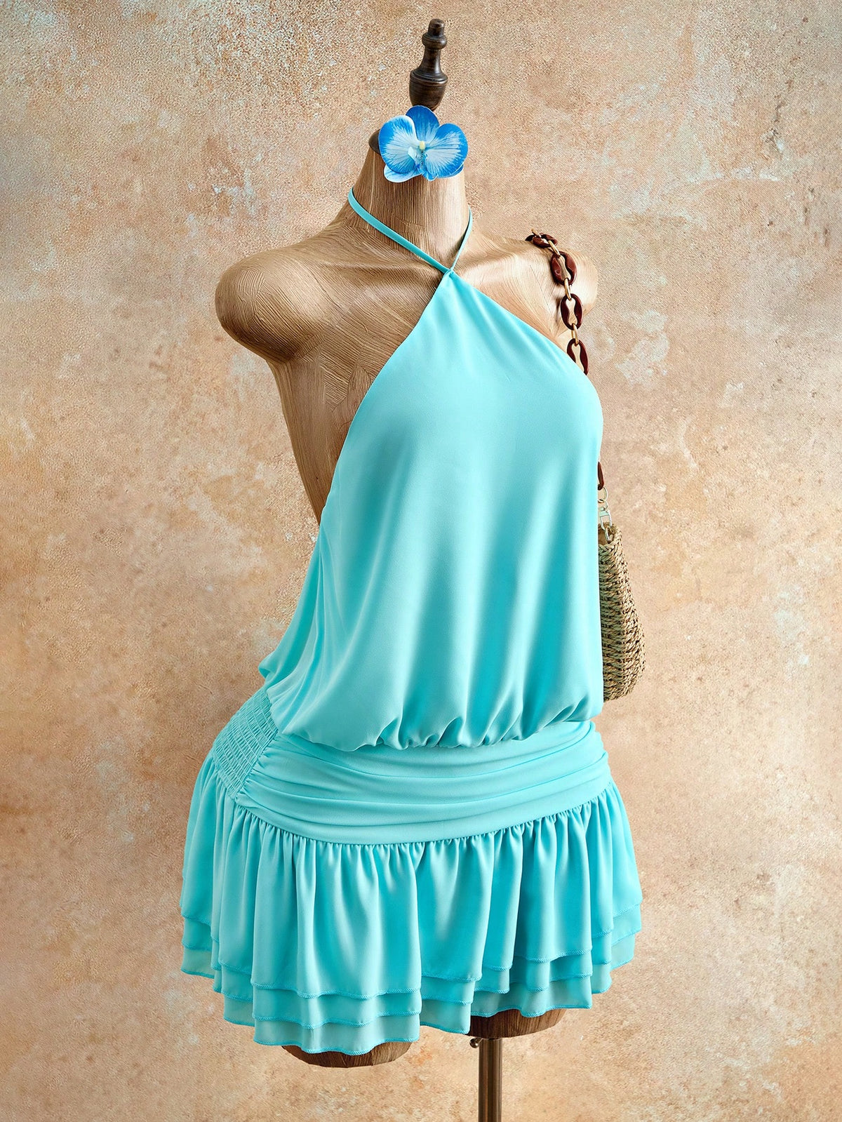 Mistrie Women's Solid Halter Tie Ruched Mini Dress,Teal Blue Summer Casual Beach Holiday Vacation Fashionable Resort Wear Ruffle Skirt Tankini Swimsuit Dress