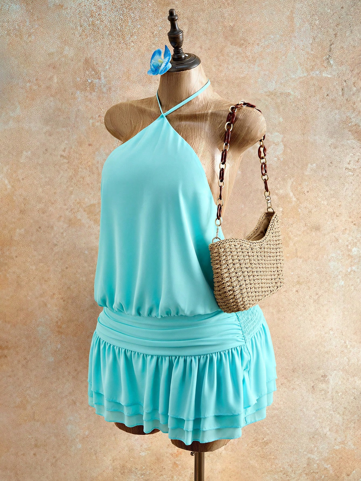Mistrie Women's Solid Halter Tie Ruched Mini Dress,Teal Blue Summer Casual Beach Holiday Vacation Fashionable Resort Wear Ruffle Skirt Tankini Swimsuit Dress