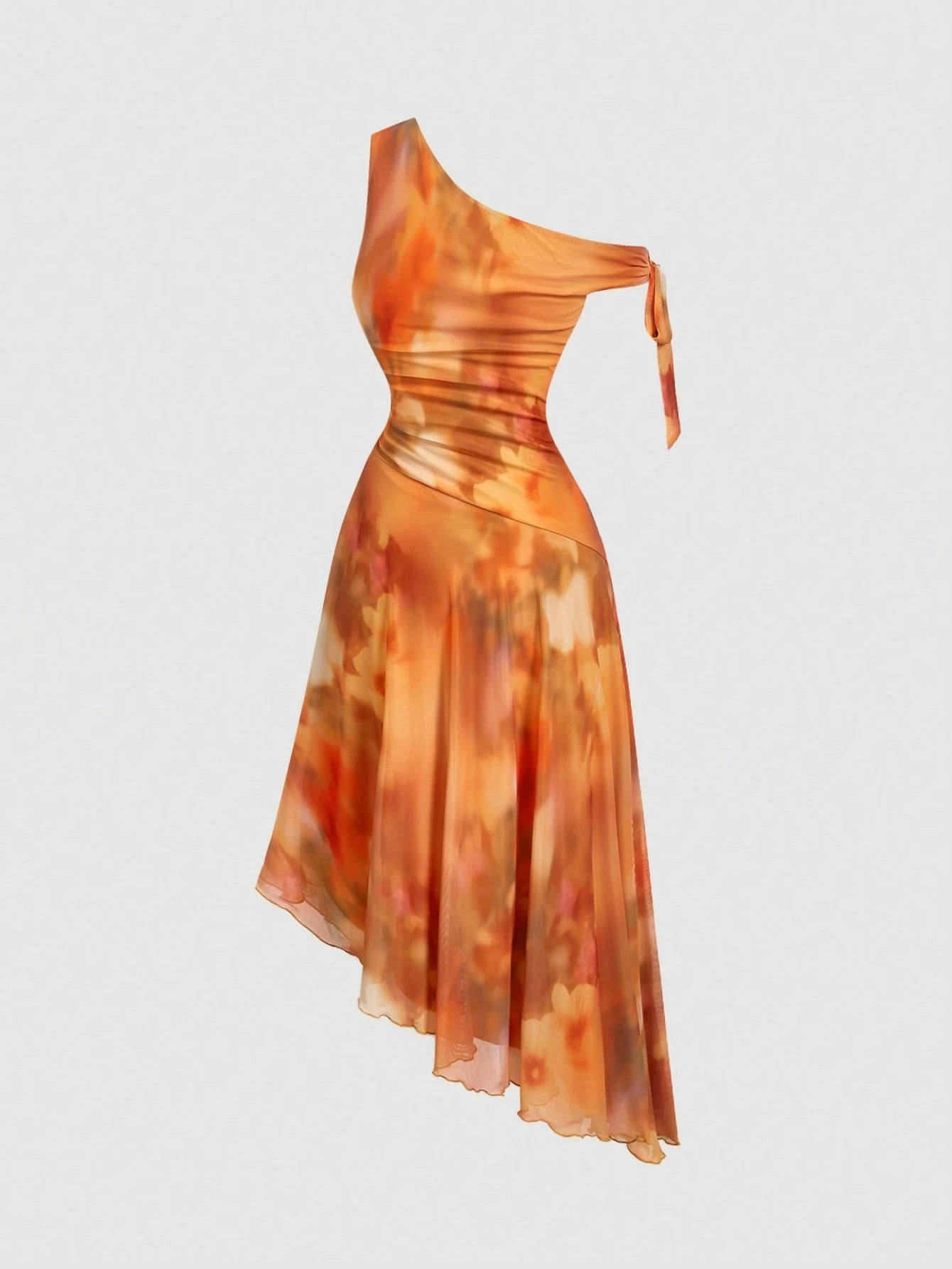 MOD Elegant,Orange Floral Summer Dresses For Women,Asymmetric One-Shoulder Chiffon Midi Dress,Day Party Boho Beach Garden Party Vacation Vintage Flowy