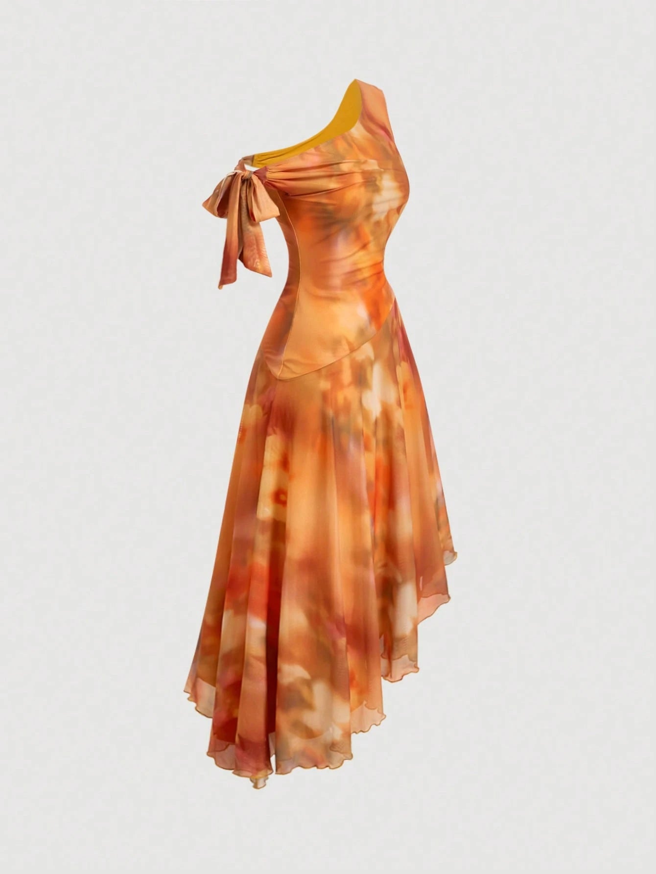 MOD Elegant,Orange Floral Summer Dresses For Women,Asymmetric One-Shoulder Chiffon Midi Dress,Day Party Boho Beach Garden Party Vacation Vintage Flowy