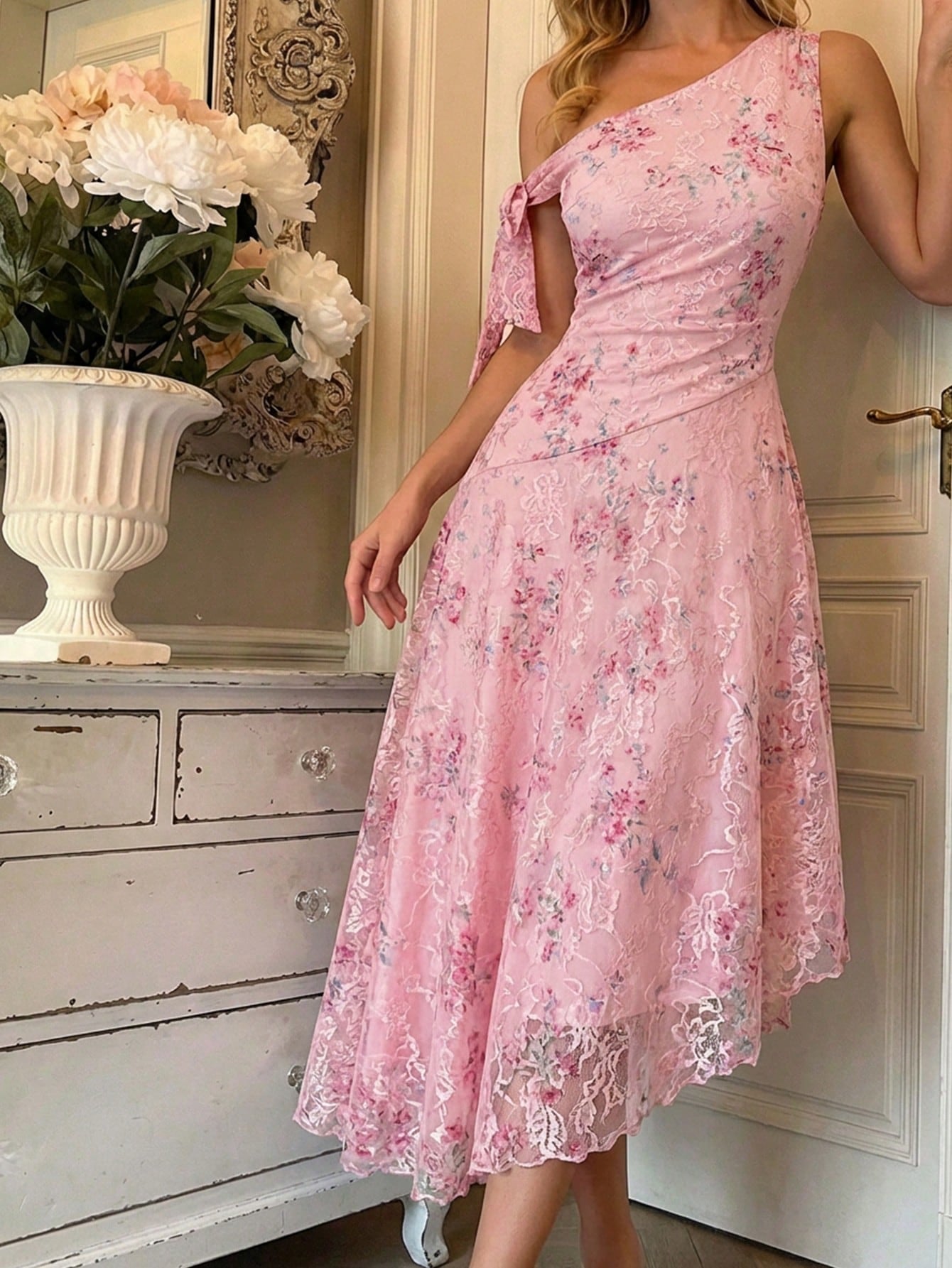MOD Elegant,Orange Floral Summer Dresses For Women,Asymmetric One-Shoulder Chiffon Midi Dress,Day Party Boho Beach Garden Party Vacation Vintage Flowy