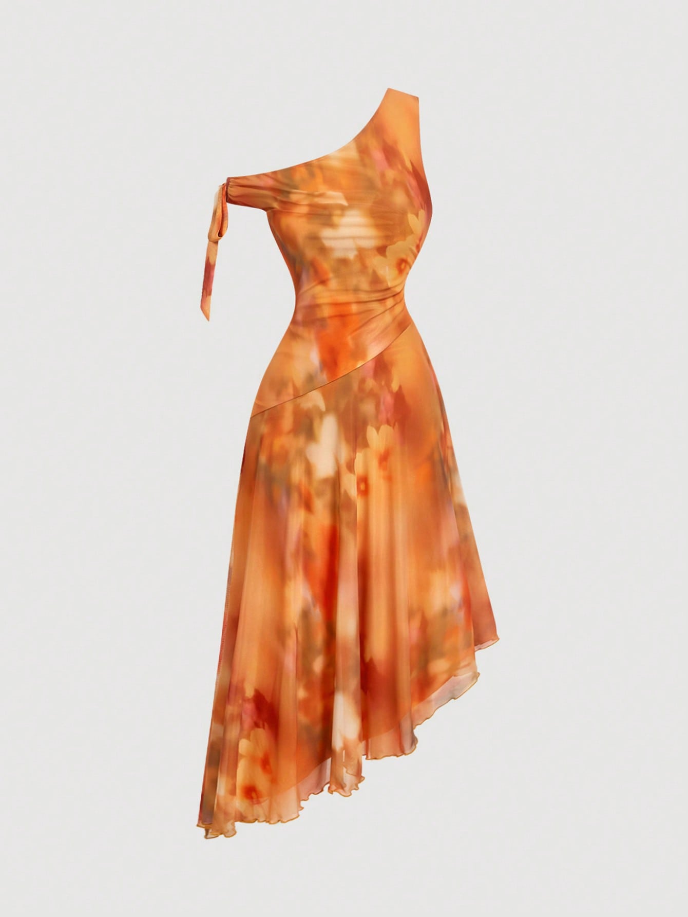 MOD Elegant,Orange Floral Summer Dresses For Women,Asymmetric One-Shoulder Chiffon Midi Dress,Day Party Boho Beach Garden Party Vacation Vintage Flowy