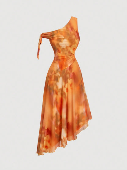 MOD Elegant,Orange Floral Summer Dresses For Women,Asymmetric One-Shoulder Chiffon Midi Dress,Day Party Boho Beach Garden Party Vacation Vintage Flowy