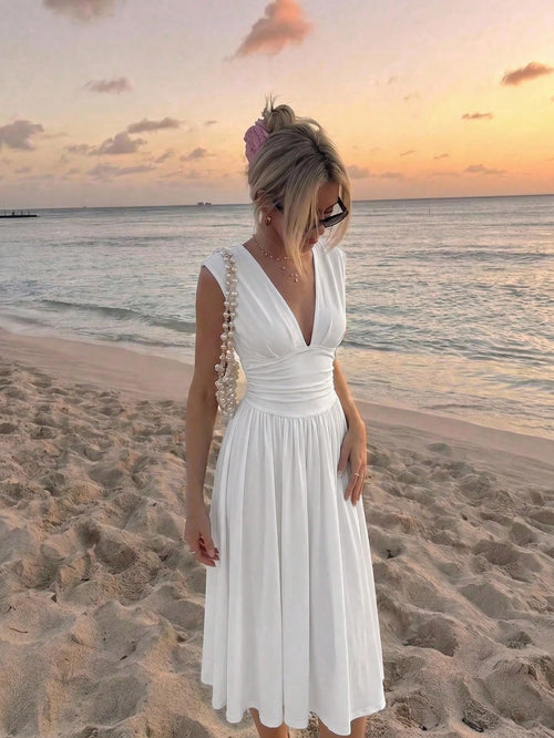 MOD Elegant Size White Summer Dress For Women Deep V Neck Cap Sleeve Ruched Waist A Line Midi Party Dress,,Party, Gathering, Vacation, Dress