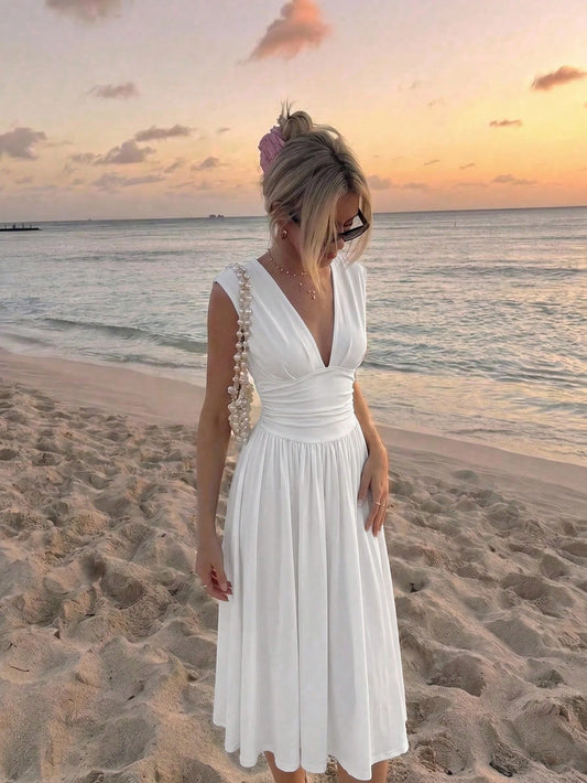 MOD Elegant Size White Summer Dress For Women Deep V Neck Cap Sleeve Ruched Waist A Line Midi Party Dress,,Party, Gathering, Vacation, Dress