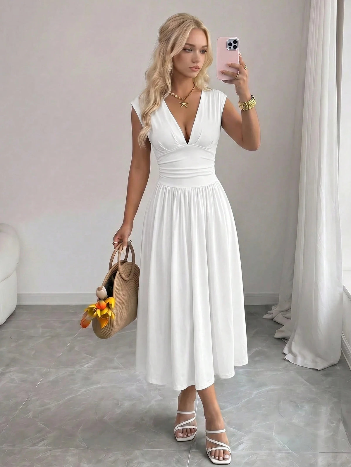 MOD Elegant Size White Summer Dress For Women Deep V Neck Cap Sleeve Ruched Waist A Line Midi Party Dress,,Party, Gathering, Vacation, Dress