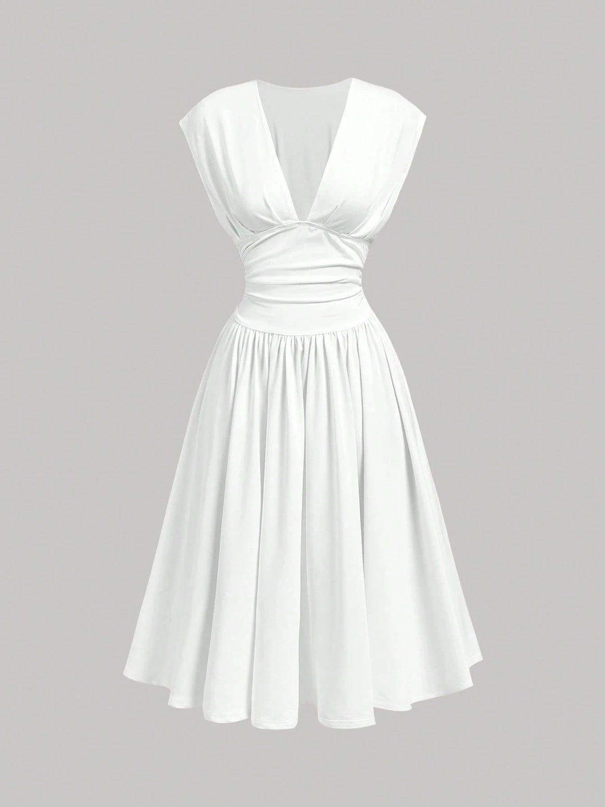 MOD Elegant Size White Summer Dress For Women Deep V Neck Cap Sleeve Ruched Waist A Line Midi Party Dress,,Party, Gathering, Vacation, Dress