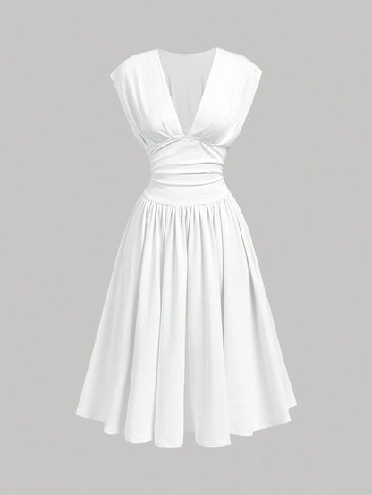 MOD Elegant Size White Summer Dress For Women Deep V Neck Cap Sleeve Ruched Waist A Line Midi Party Dress,,Party, Gathering, Vacation, Dress