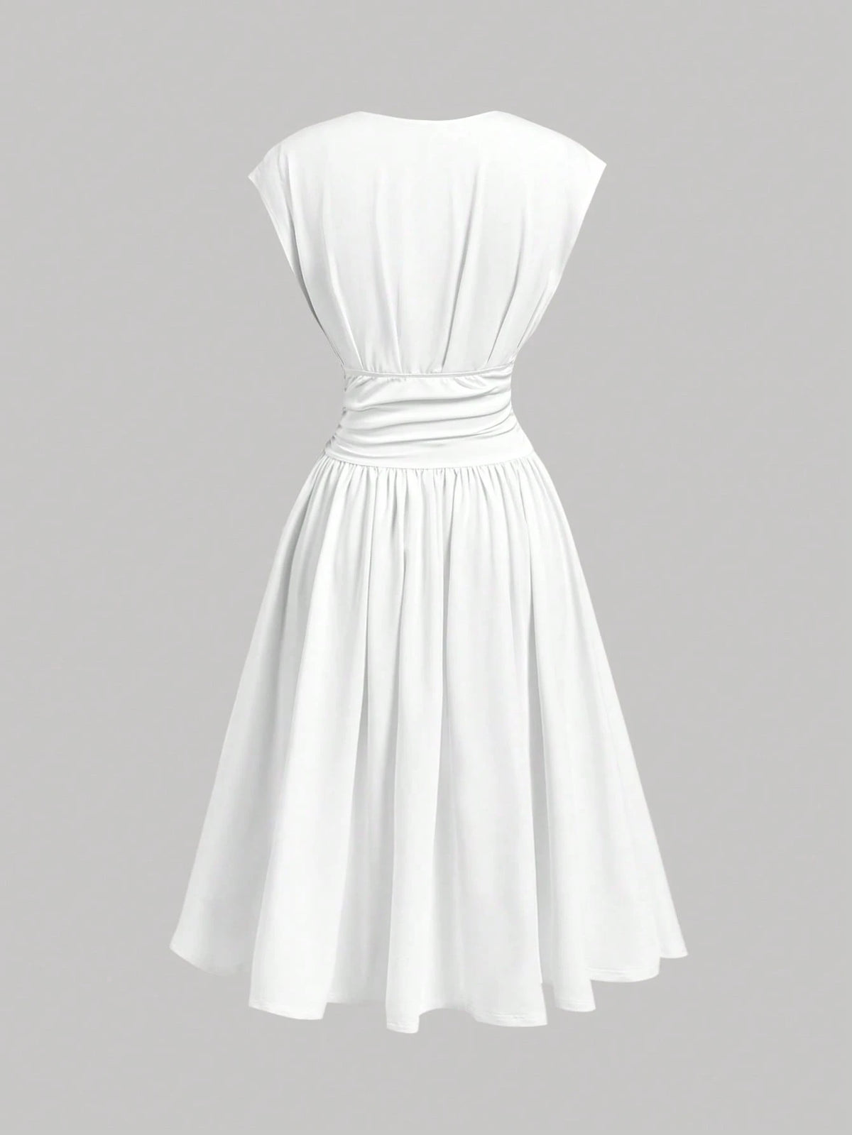 MOD Elegant Size White Summer Dress For Women Deep V Neck Cap Sleeve Ruched Waist A Line Midi Party Dress,,Party, Gathering, Vacation, Dress