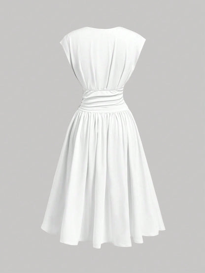 MOD Elegant Size White Summer Dress For Women Deep V Neck Cap Sleeve Ruched Waist A Line Midi Party Dress,,Party, Gathering, Vacation, Dress