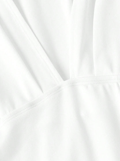 MOD Elegant Size White Summer Dress For Women Deep V Neck Cap Sleeve Ruched Waist A Line Midi Party Dress,,Party, Gathering, Vacation, Dress