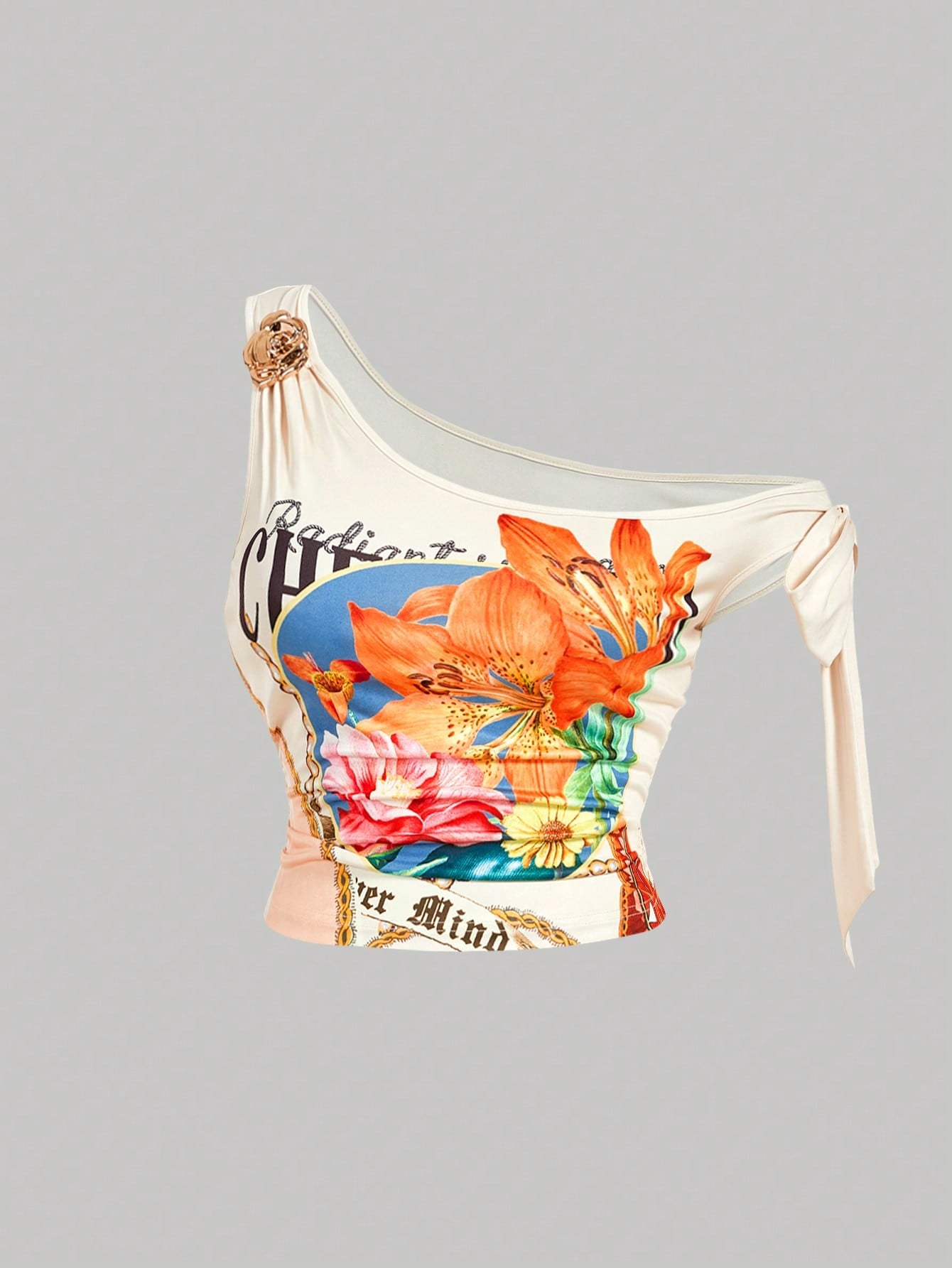 MOD Plus Size Floral Printed One Shoulder Top,Metal Buckle Bowknot Scarf Blouse For Beige Summer Girlism Night Out Tea Party Club,Slim Fit Casual 90s