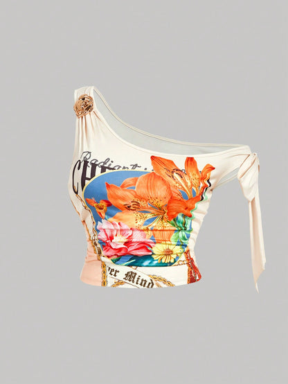 MOD Plus Size Floral Printed One Shoulder Top,Metal Buckle Bowknot Scarf Blouse For Beige Summer Girlism Night Out Tea Party Club,Slim Fit Casual 90s