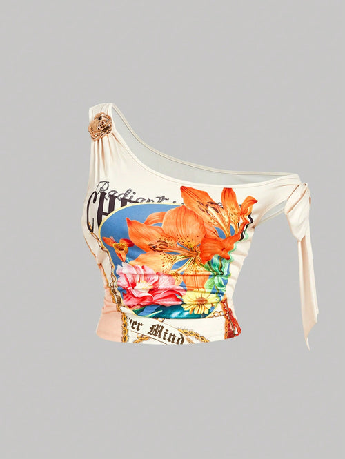 MOD Plus Size Floral Printed One Shoulder Top,Metal Buckle Bowknot Scarf Blouse For Beige Summer Girlism Night Out Tea Party Club,Slim Fit Casual 90s