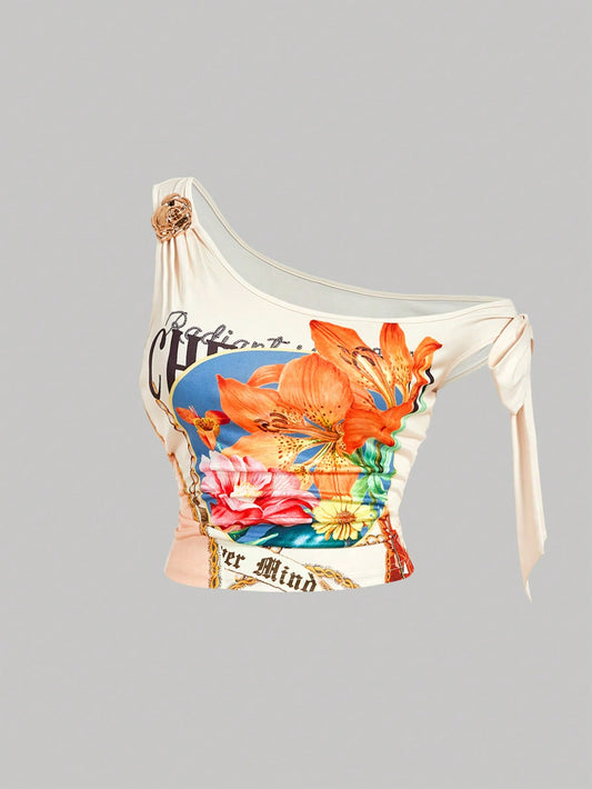 MOD Plus Size Floral Printed One Shoulder Top,Metal Buckle Bowknot Scarf Blouse For Beige Summer Girlism Night Out Tea Party Club,Slim Fit Casual 90s
