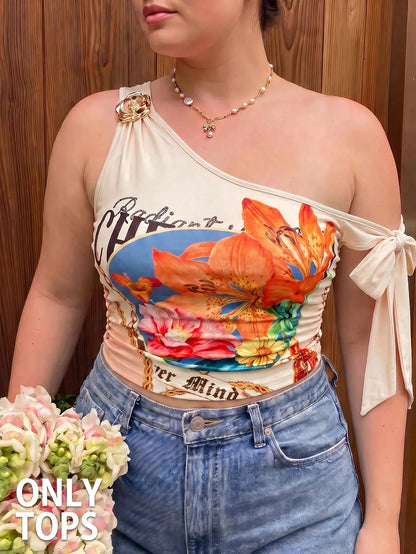 MOD Plus Size Floral Printed One Shoulder Top,Metal Buckle Bowknot Scarf Blouse For Beige Summer Girlism Night Out Tea Party Club,Slim Fit Casual 90s