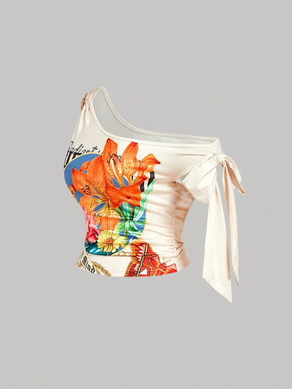 MOD Plus Size Floral Printed One Shoulder Top,Metal Buckle Bowknot Scarf Blouse For Beige Summer Girlism Night Out Tea Party Club,Slim Fit Casual 90s