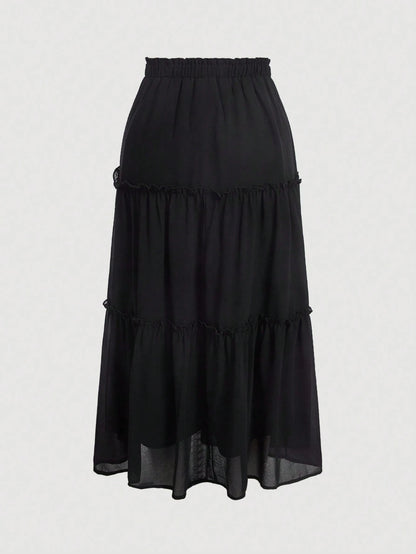 MOD Solid Frill Trim Ruffle Hem Skirt