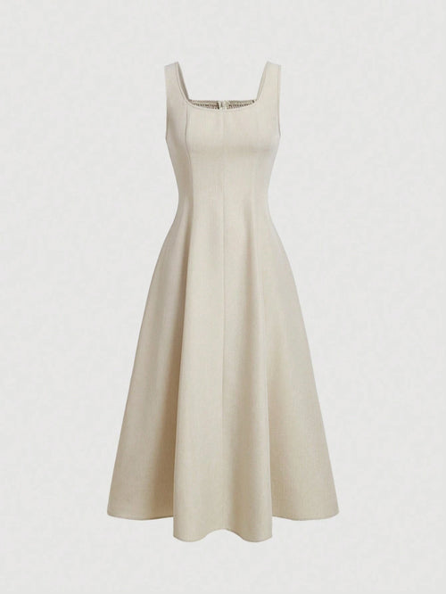 MOD Women Casual Solid Color Sleeveless Waist Cinched Sundress For Summer,Business Casual Woman