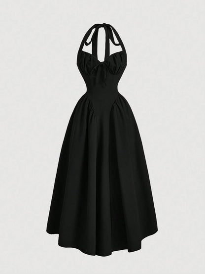 MOD Women's Halter Neck Ruched Bow Swing Dress, Black Color Party Women Outfits, S Eve Outfit,Masquerade Ball Dress,Birthday Women Outfits,Sexy Black Dress,Dress With Bow Dress,Princess Women Dr