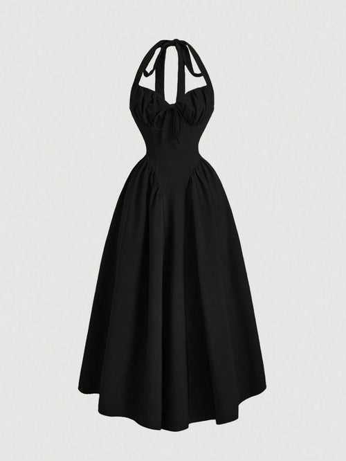 MOD Women's Halter Neck Ruched Bow Swing Dress, Black Color Party Women Outfits, S Eve Outfit,Masquerade Ball Dress,Birthday Women Outfits,Sexy Black Dress,Dress With Bow Dress,Princess Women Dr