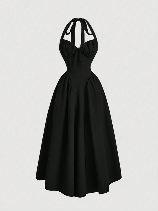 MOD Women's Halter Neck Ruched Bow Swing Dress, Black Color Party Women Outfits, S Eve Outfit,Masquerade Ball Dress,Birthday Women Outfits,Sexy Black Dress,Dress With Bow Dress,Princess Women Dr