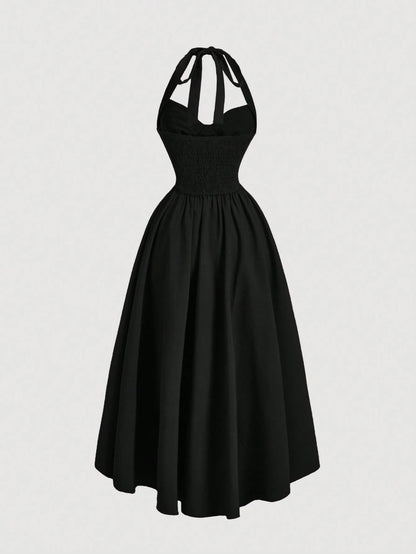 MOD Women's Halter Neck Ruched Bow Swing Dress, Black Color Party Women Outfits, S Eve Outfit,Masquerade Ball Dress,Birthday Women Outfits,Sexy Black Dress,Dress With Bow Dress,Princess Women Dr