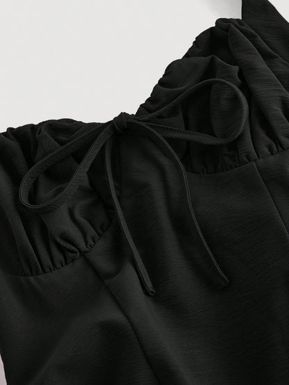 MOD Women's Halter Neck Ruched Bow Swing Dress, Black Color Party Women Outfits, S Eve Outfit,Masquerade Ball Dress,Birthday Women Outfits,Sexy Black Dress,Dress With Bow Dress,Princess Women Dr