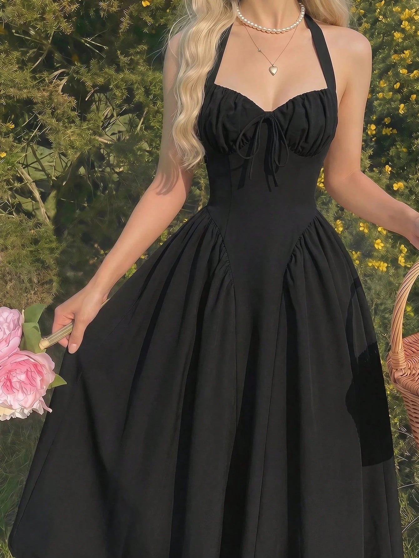 MOD Women's Halter Neck Ruched Bow Swing Dress, Black Color Party Women Outfits, S Eve Outfit,Masquerade Ball Dress,Birthday Women Outfits,Sexy Black Dress,Dress With Bow Dress,Princess Women Dr