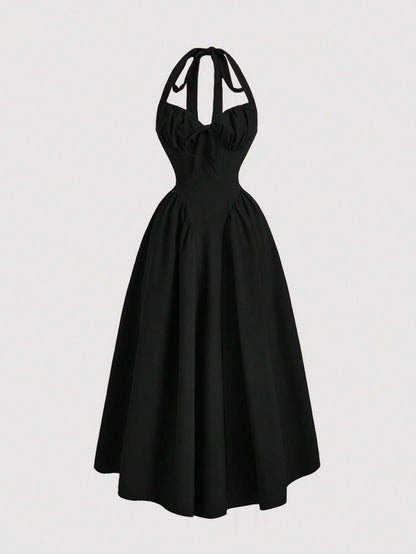 MOD Women's Halter Neck Ruched Bow Swing Dress, Black Color Party Women Outfits, S Eve Outfit,Masquerade Ball Dress,Birthday Women Outfits,Sexy Black Dress,Dress With Bow Dress,Princess Women Dr