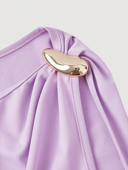 MOD Women's Solid Color Metal Buckle Pleated Asymmetric Fitted Long Dress, Gowns For Formal Occasion Evening Dresses Ladies Dresses,Summer Women