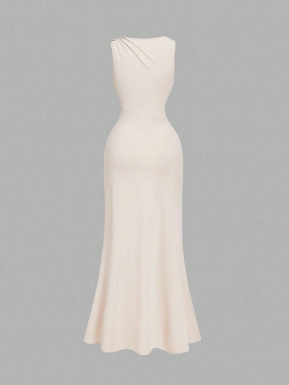 MOD Women's Solid Color Metal Buckle Pleated Asymmetric Fitted Long Dress, Gowns For Formal Occasion Evening Dresses Ladies Dresses,Summer Women