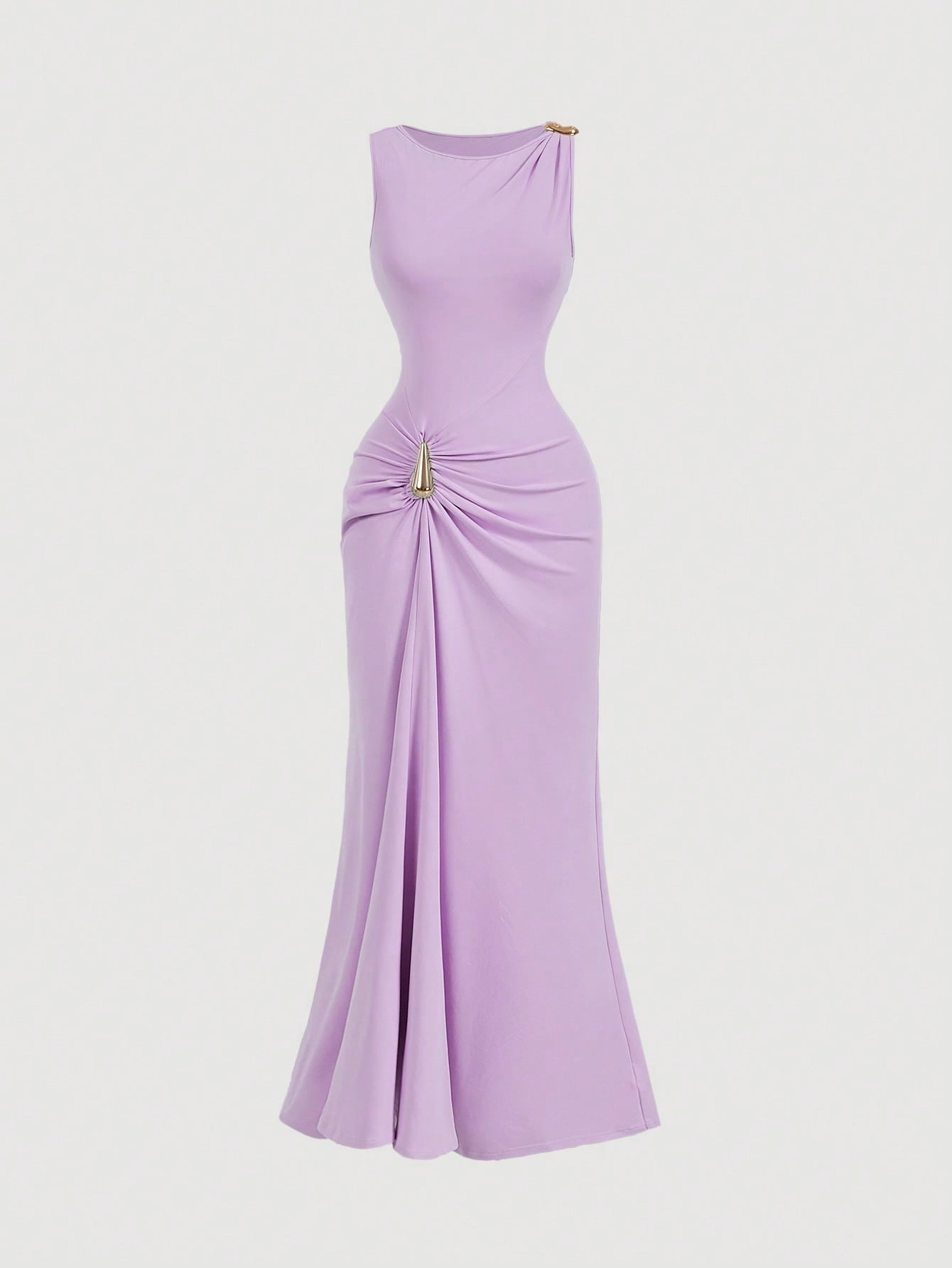 MOD Women's Solid Color Metal Buckle Pleated Asymmetric Fitted Long Dress, Gowns For Formal Occasion Evening Dresses Ladies Dresses,Summer Women